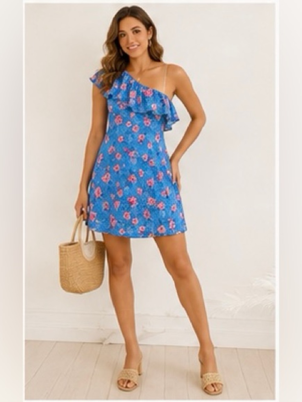 Andrée by Unit Blue Pink Floral One Shoulder Ruffle Mini Dress NWT